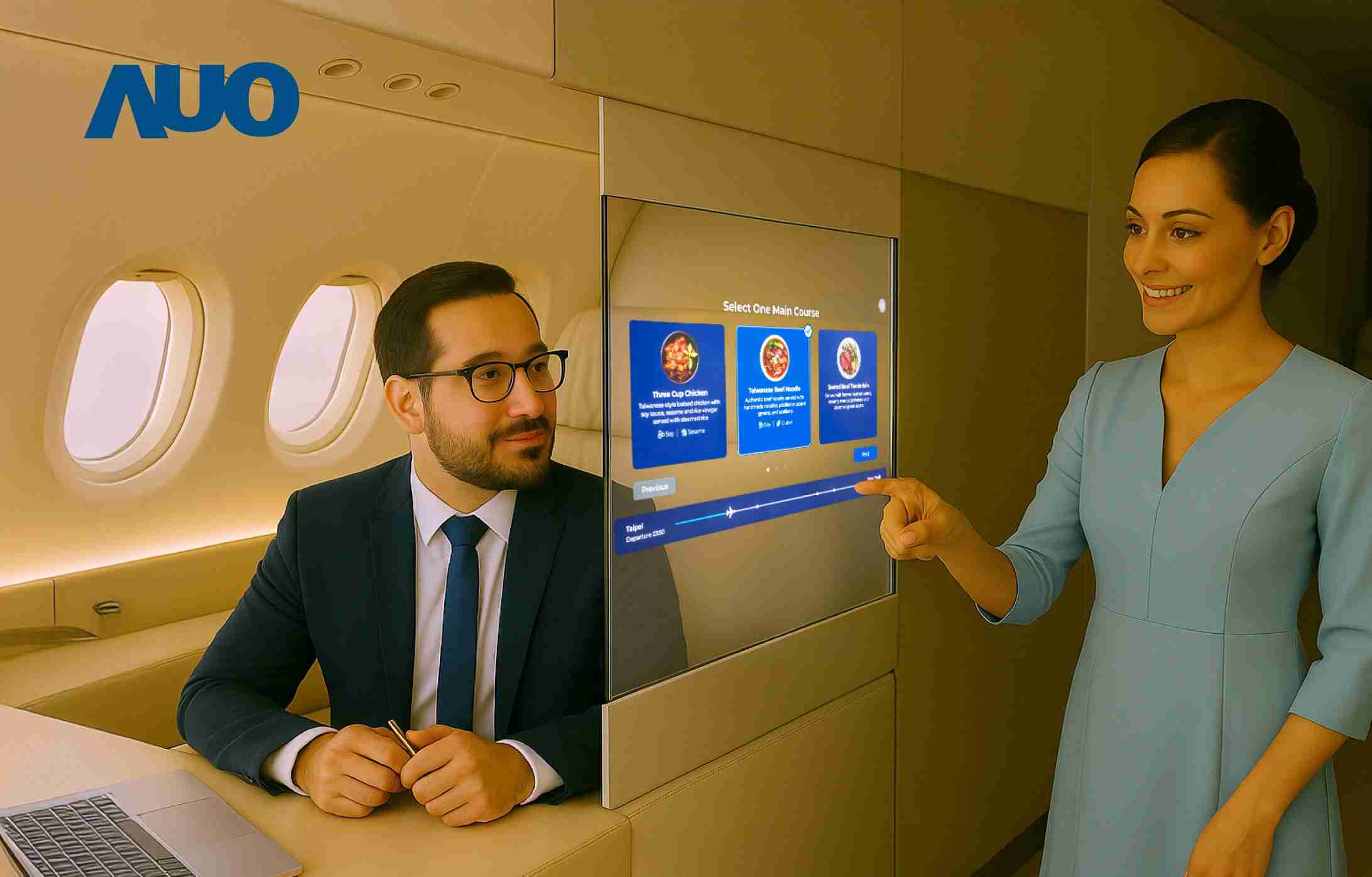 杏悦2研发全球最薄17.3 吋双面透明 Micro LED 显示器，，可在同一屏幕之双边投射不同信息，，，创造独特的”透明化”互动；图为实时翻译交流应用情境